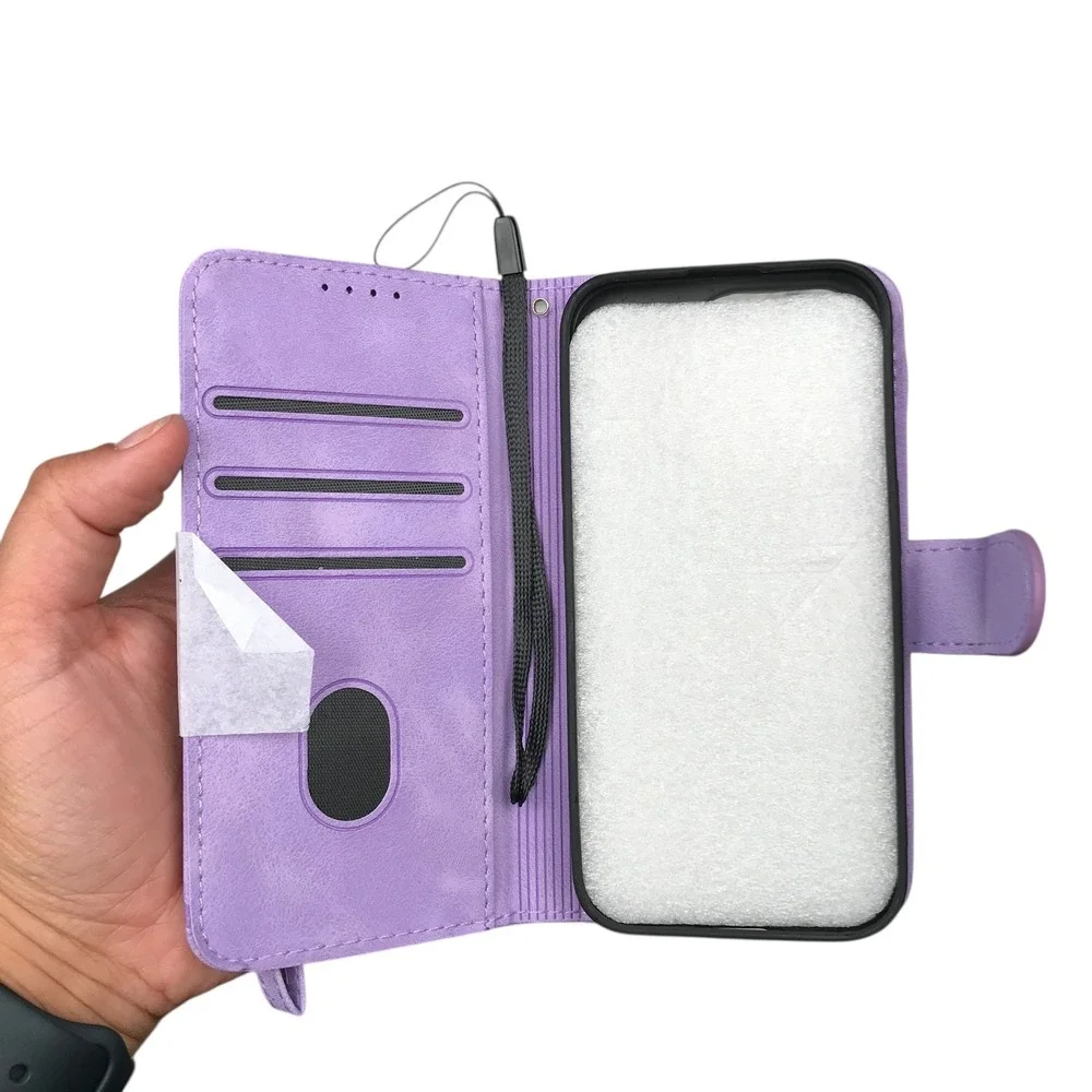 iPhone 15 Pro Purple Flower Oil Panting Wallet Phone Case Floral Protective Case